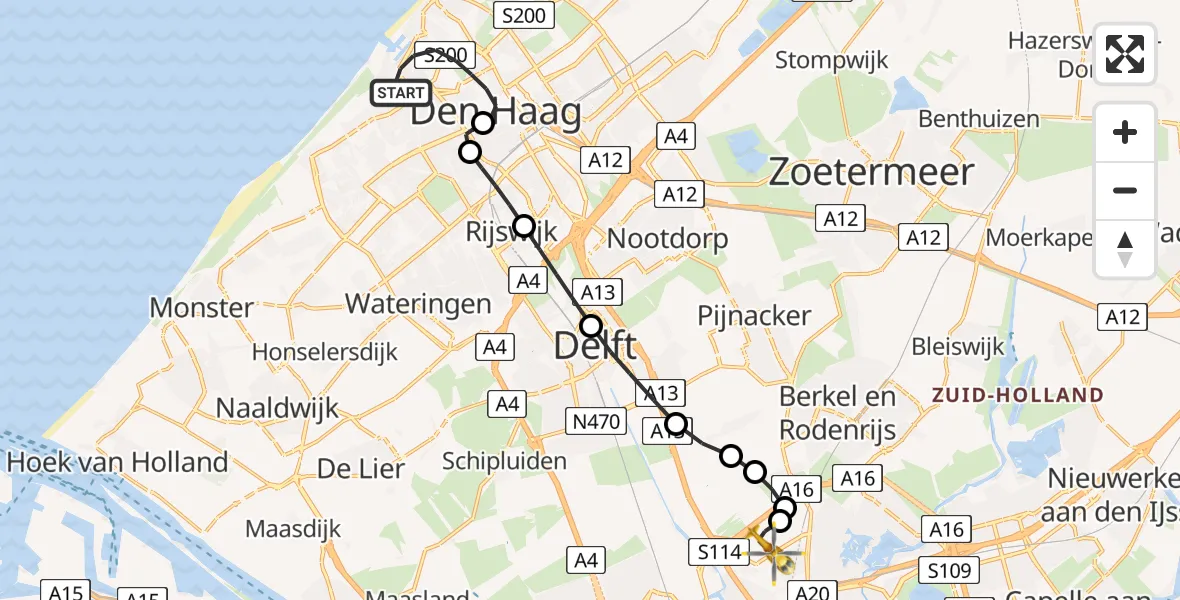 Vluchtroute Traumahelikopter van Den Haag naar Rotterdam The Hague Airport