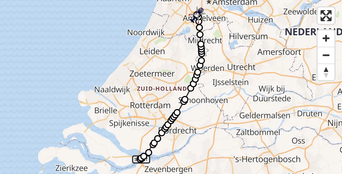 Vluchtroute Politiehelikopter van Willemstad naar Amsterdam Vliegveld Schiphol