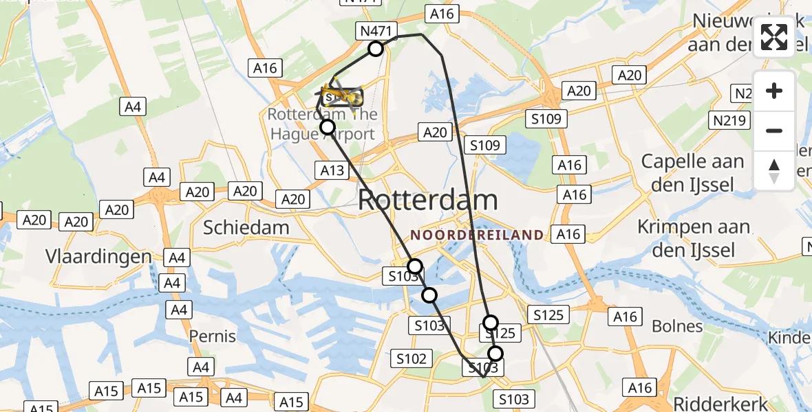 Vluchtroute Traumahelikopter van Rotterdam The Hague Airport naar Rotterdam The Hague Airport