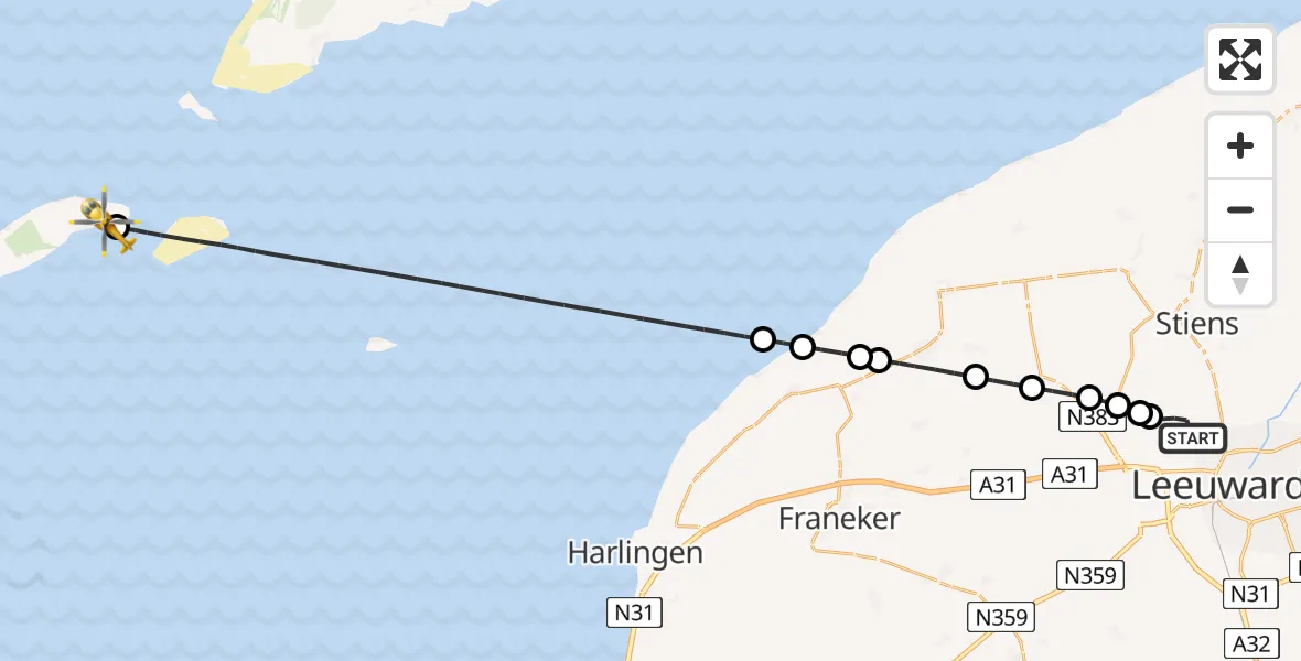 Vluchtroute Ambulancehelikopter van Vliegbasis Leeuwarden naar Vlieland Heliport
