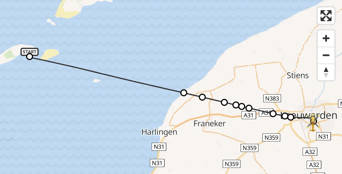Vluchtroute Ambulancehelikopter van Vlieland Heliport naar Leeuwarden Medical Center Heliport