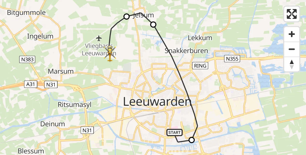 Vluchtroute Ambulancehelikopter van Leeuwarden Medical Center Heliport naar Vliegbasis Leeuwarden