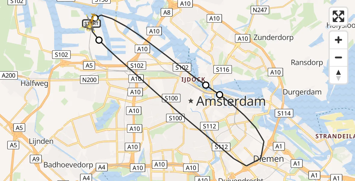 Vluchtroute Traumahelikopter van Amsterdam Heliport naar Amsterdam Heliport