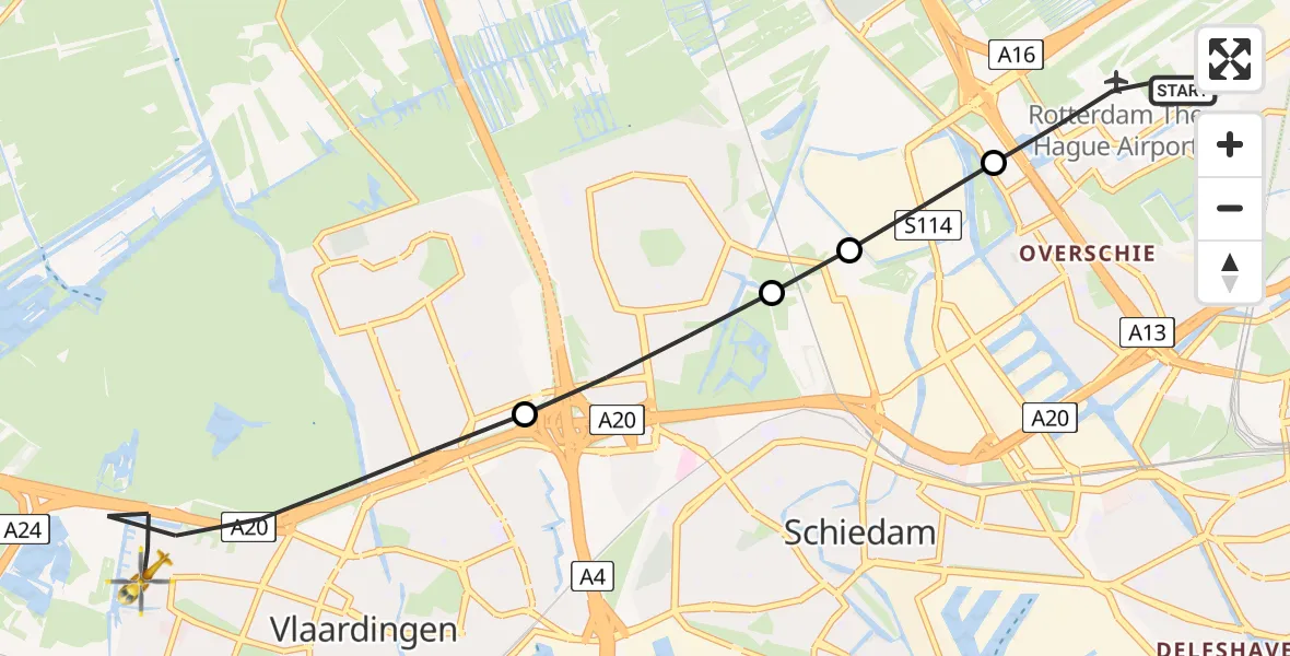 Vluchtroute Traumahelikopter van Rotterdam The Hague Airport naar Vlaardingen