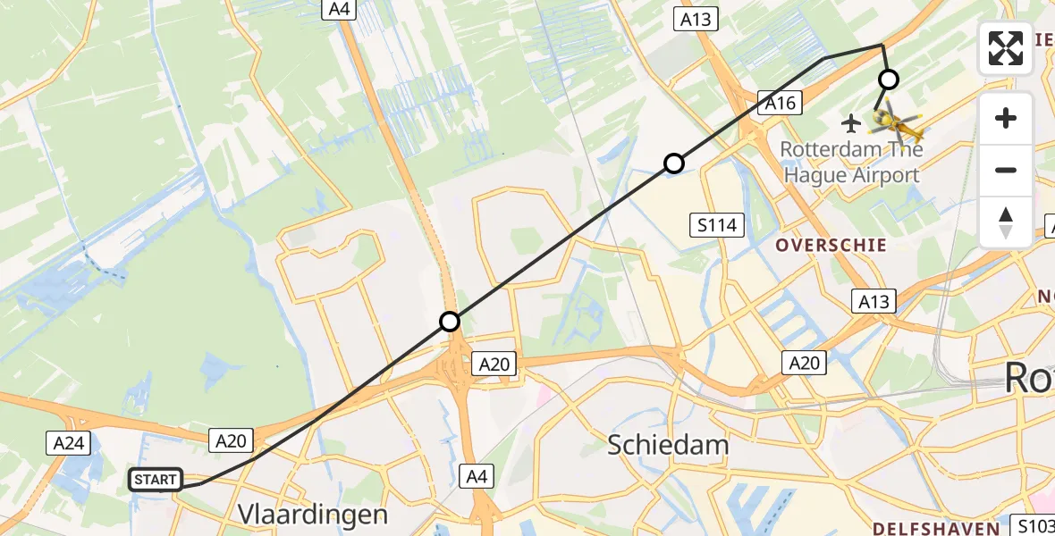 Vluchtroute Traumahelikopter van Vlaardingen naar Rotterdam The Hague Airport