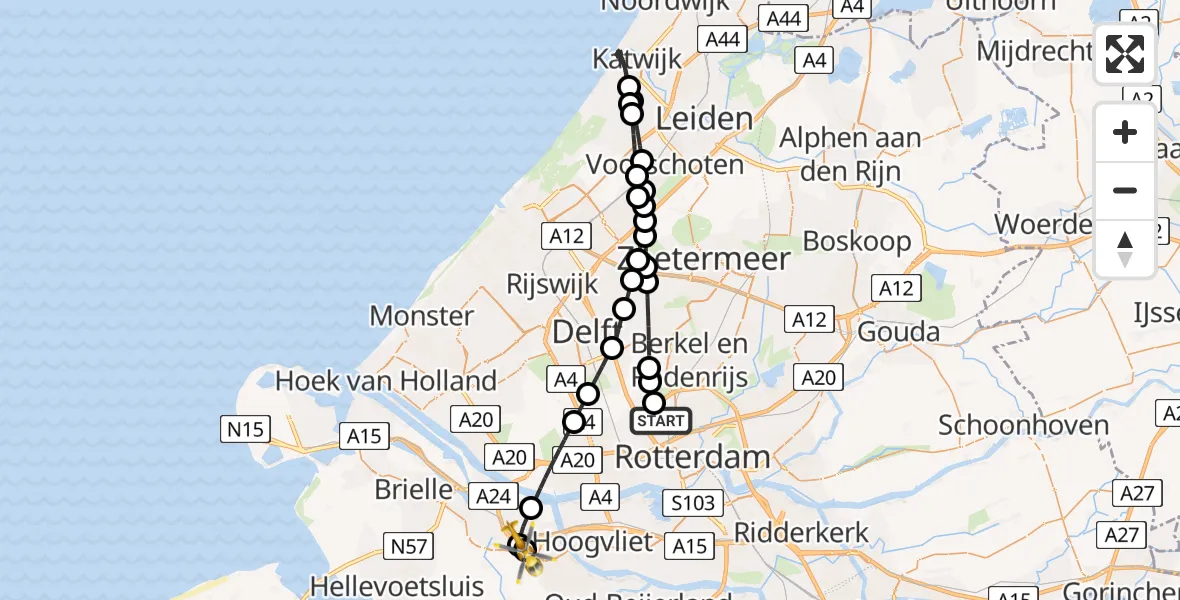 Vluchtroute Traumahelikopter van Rotterdam The Hague Airport naar Spijkenisse