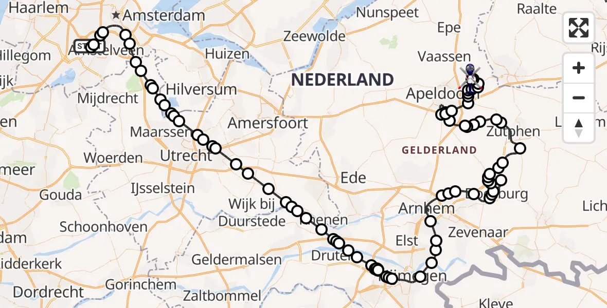 Vluchtroute Politiehelikopter van Amsterdam Vliegveld Schiphol naar Vliegveld Teuge