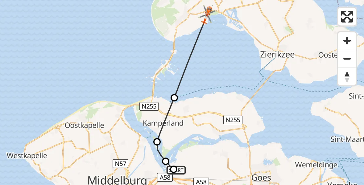 Vluchtroute Kustwachthelikopter van Vliegveld Midden-Zeeland naar Burgh-Haamstede
