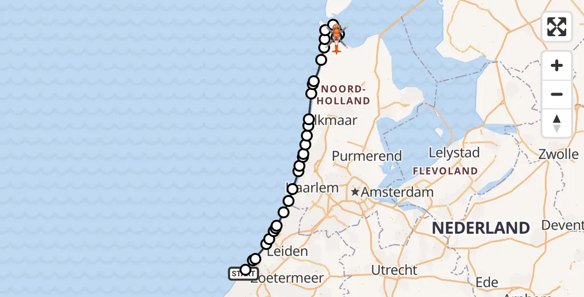 Vluchtroute Kustwachthelikopter van Den Haag naar Militair vliegveld De Kooy / Den Helder Airport