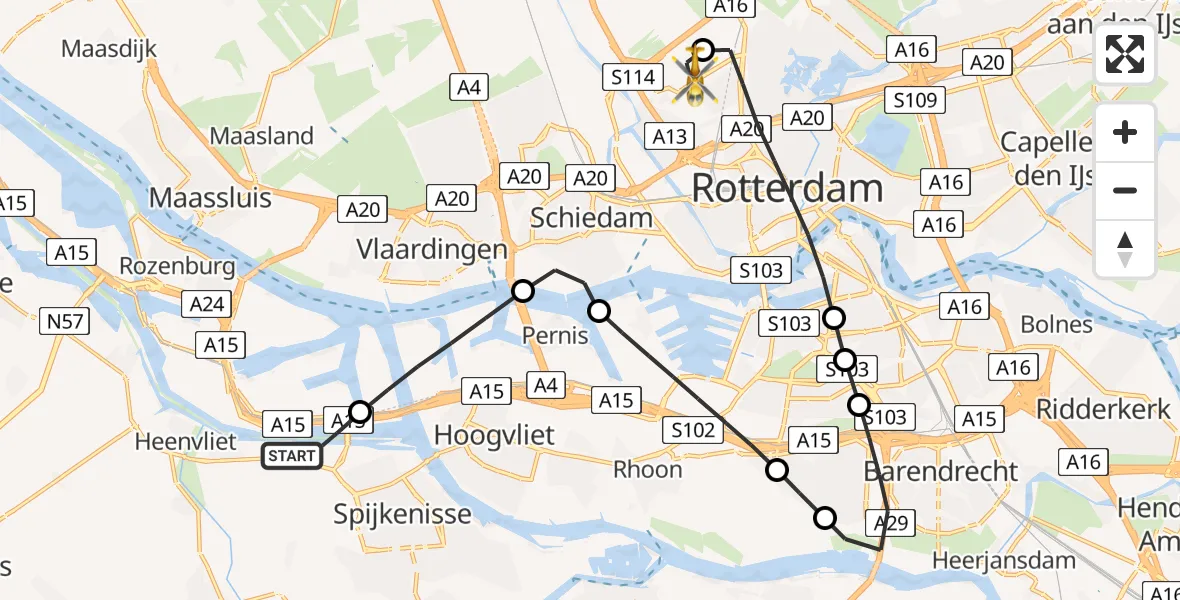 Vluchtroute Traumahelikopter van Spijkenisse naar Rotterdam The Hague Airport