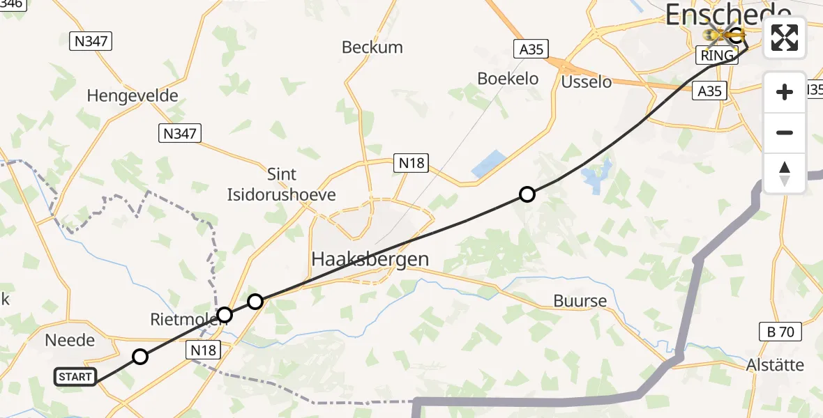 Vluchtroute Traumahelikopter van Neede naar Medisch Spectrum Twente Hospital Heliport