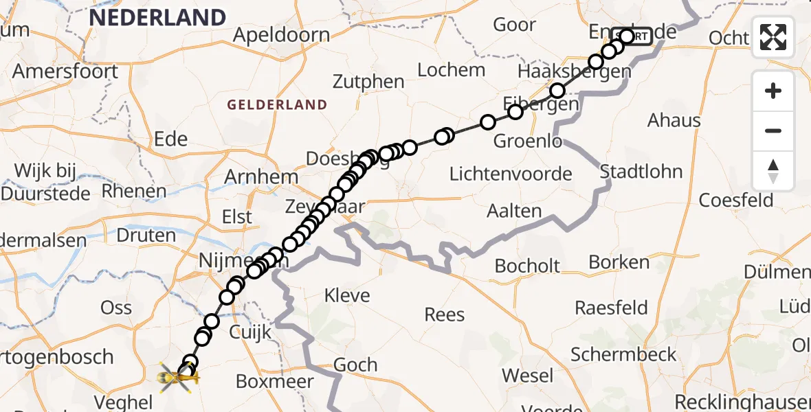 Vluchtroute Traumahelikopter van Medisch Spectrum Twente Hospital Heliport naar Vliegbasis Volkel