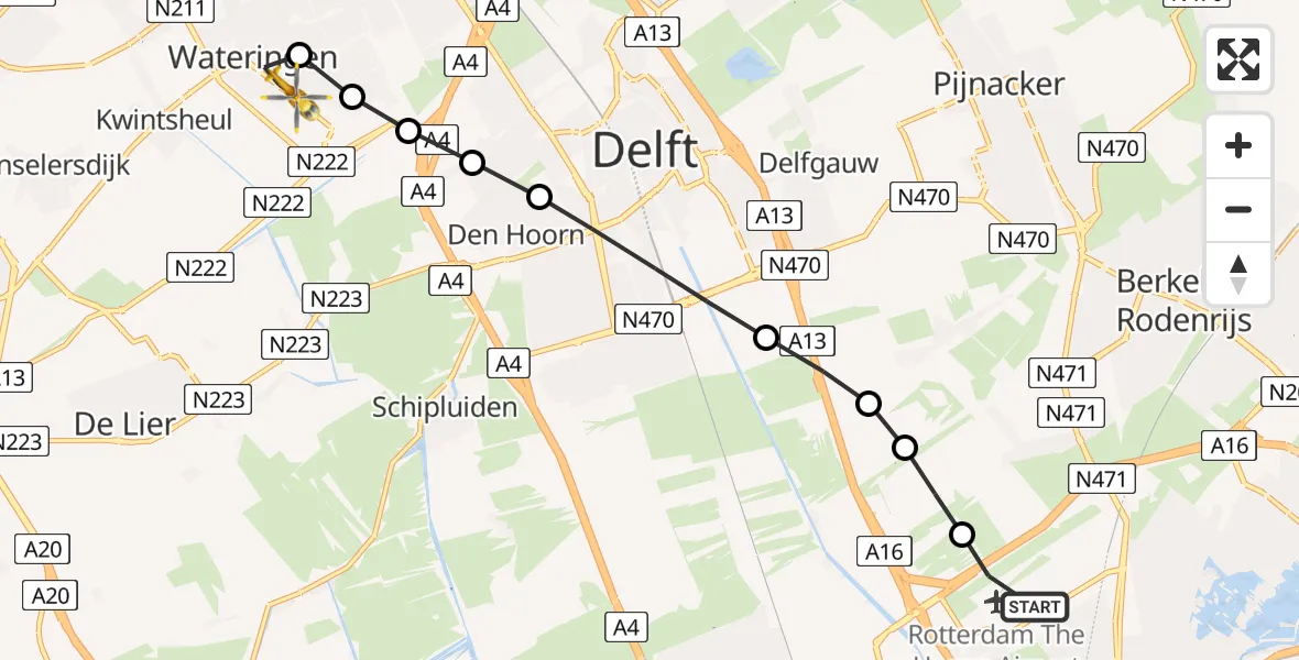 Vluchtroute Traumahelikopter van Rotterdam The Hague Airport naar Wateringen