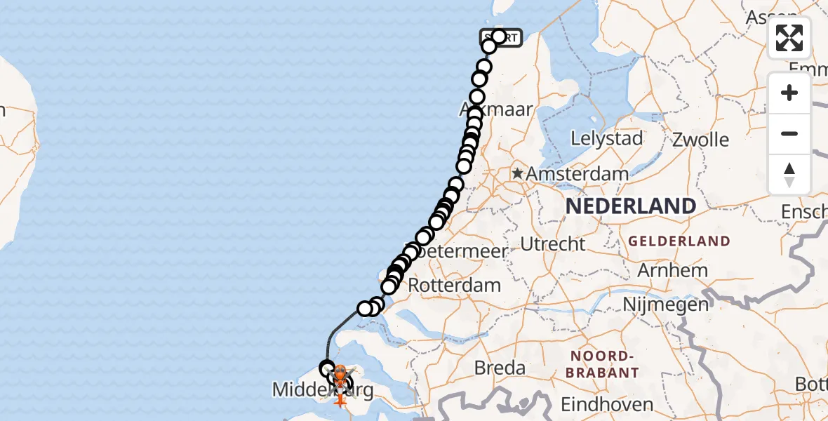 Vluchtroute Kustwachthelikopter van Militair vliegveld De Kooy / Den Helder Airport naar Vliegveld Midden-Zeeland