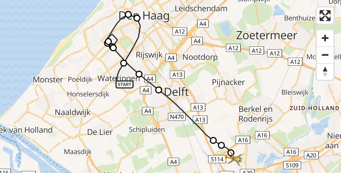 Vluchtroute Traumahelikopter van Wateringen naar Rotterdam The Hague Airport