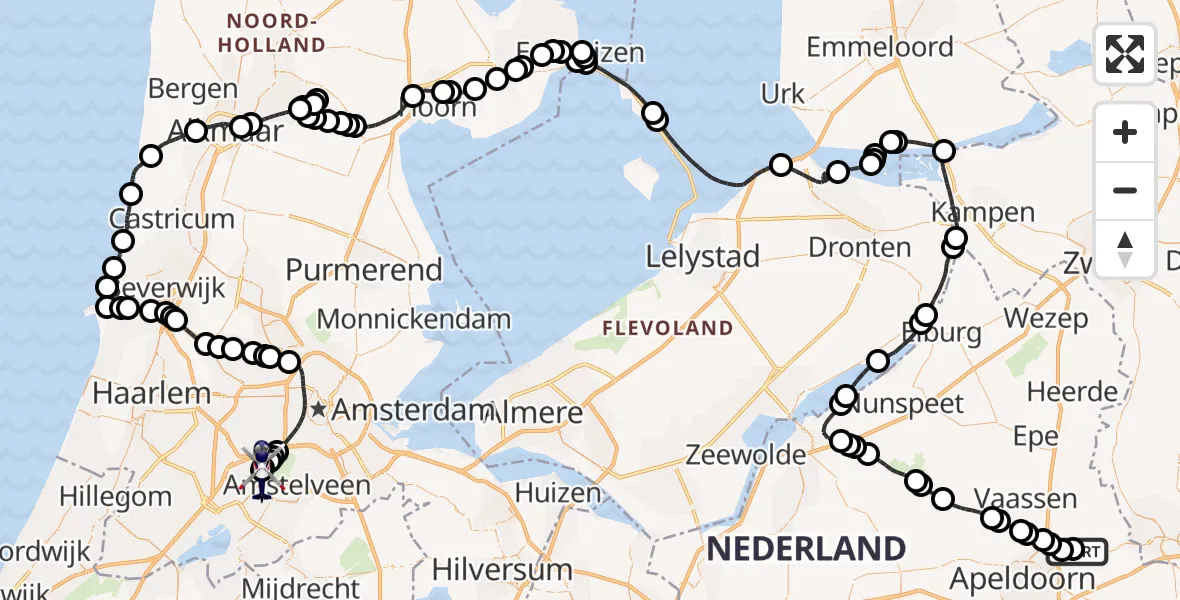 Vluchtroute Politiehelikopter van Vliegveld Teuge naar Amsterdam Vliegveld Schiphol