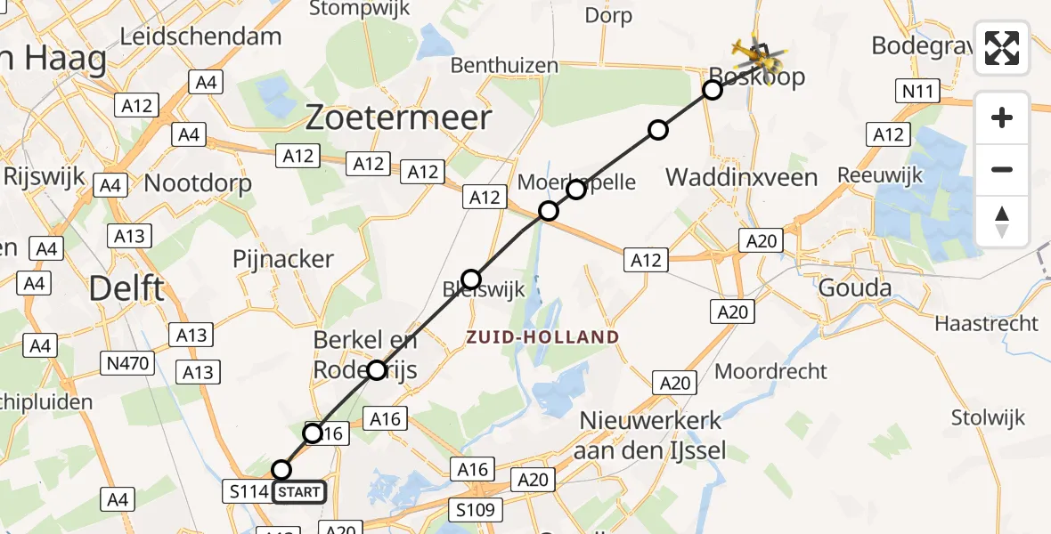 Vluchtroute Traumahelikopter van Rotterdam The Hague Airport naar Boskoop