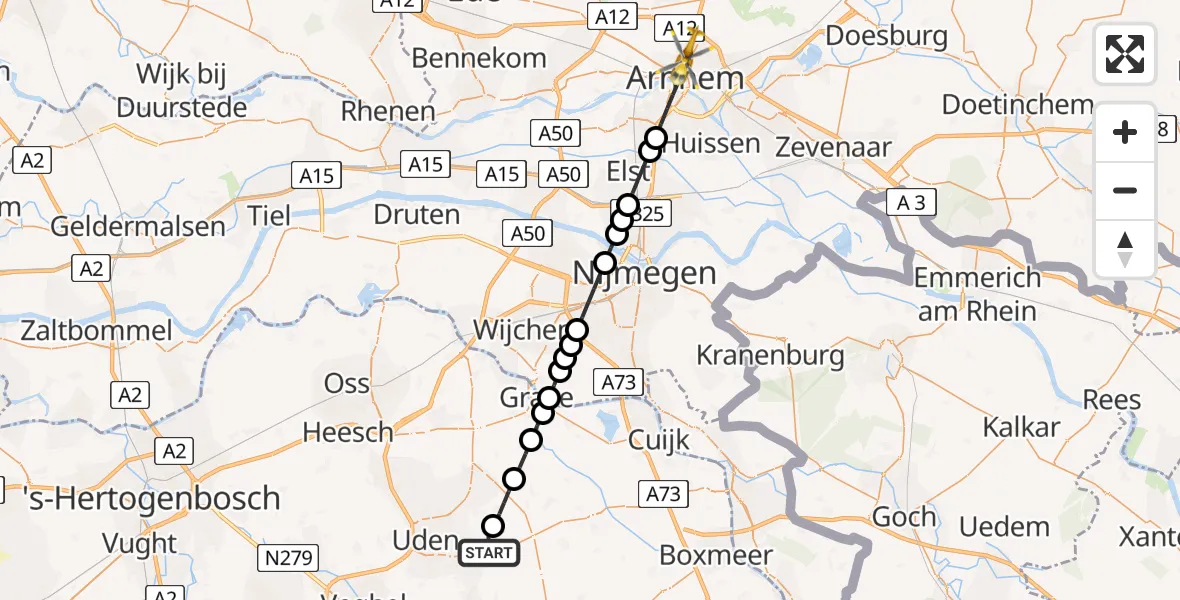 Vluchtroute Traumahelikopter van Vliegbasis Volkel naar Arnhem