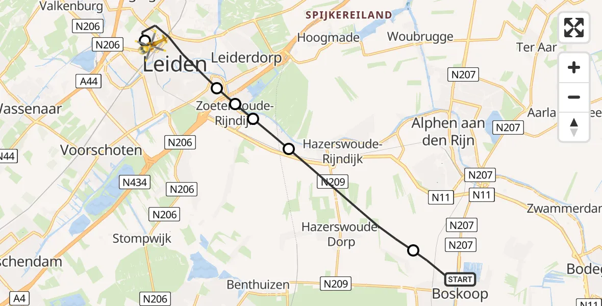 Vluchtroute Traumahelikopter van Boskoop naar Leiden University Medical Center Heliport