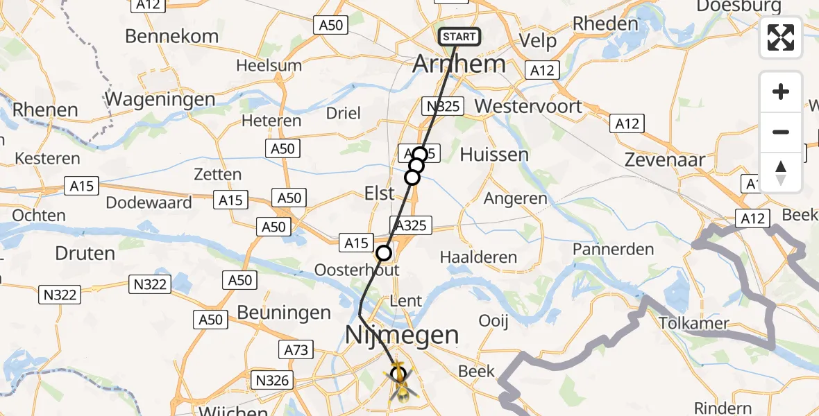 Vluchtroute Traumahelikopter van Arnhem naar Radboud University Medical Center Heliport