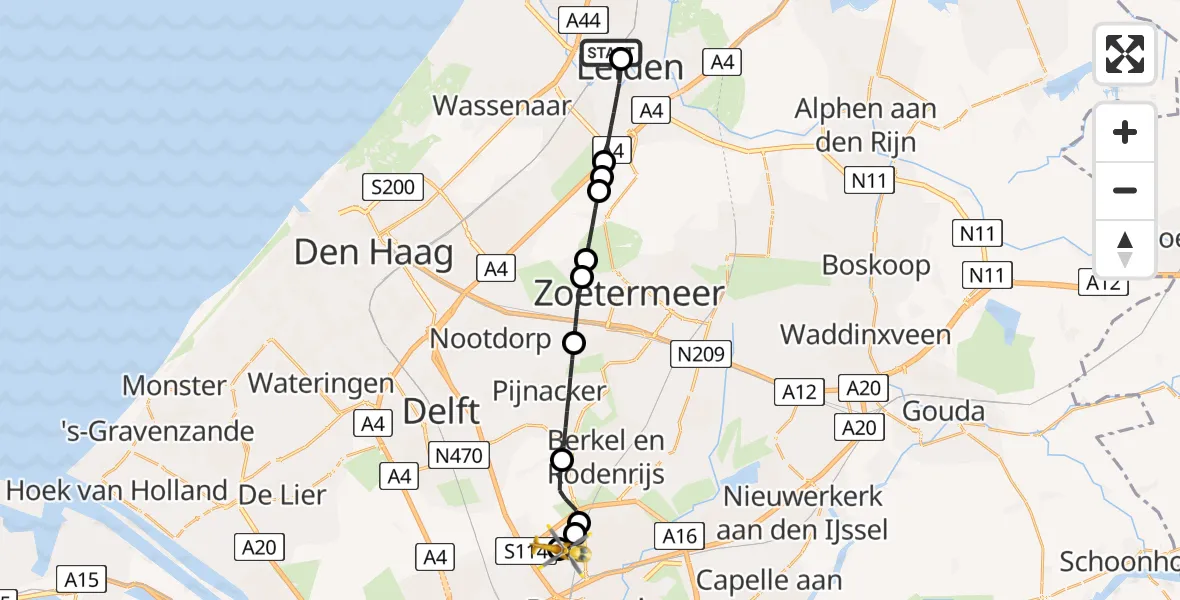 Vluchtroute Traumahelikopter van Leiden University Medical Center Heliport naar Rotterdam The Hague Airport