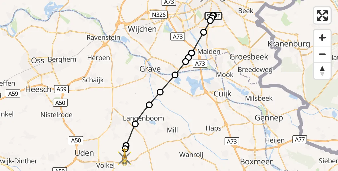 Vluchtroute Traumahelikopter van Radboud Universitair Medisch Centrum naar Vliegbasis Volkel
