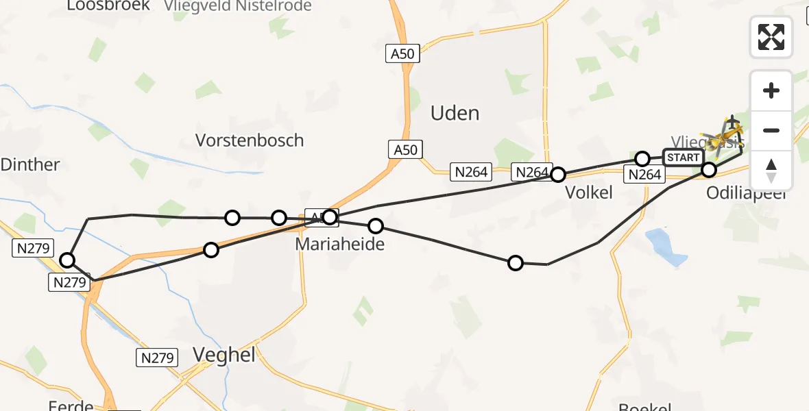 Vluchtroute Traumahelikopter van Vliegbasis Volkel naar Vliegbasis Volkel