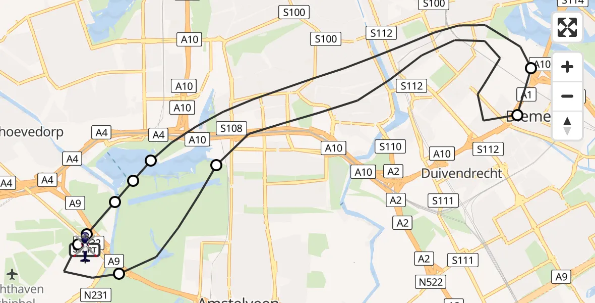 Vluchtroute Politiehelikopter van Amsterdam Vliegveld Schiphol naar Amsterdam Vliegveld Schiphol