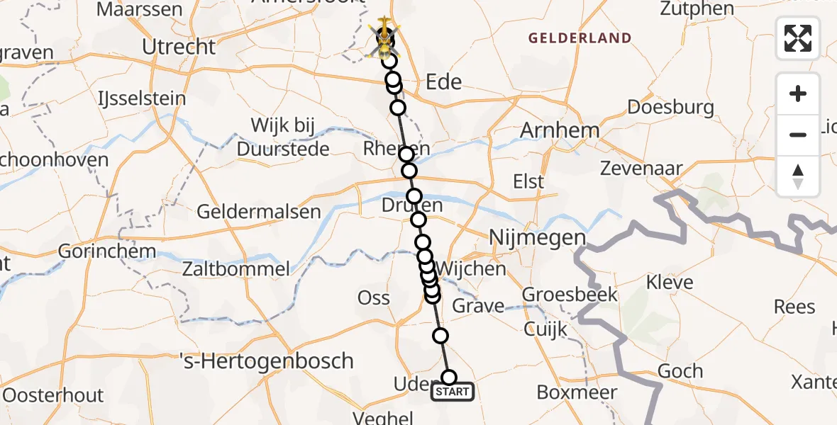 Vluchtroute Traumahelikopter van Vliegbasis Volkel naar Renswoude