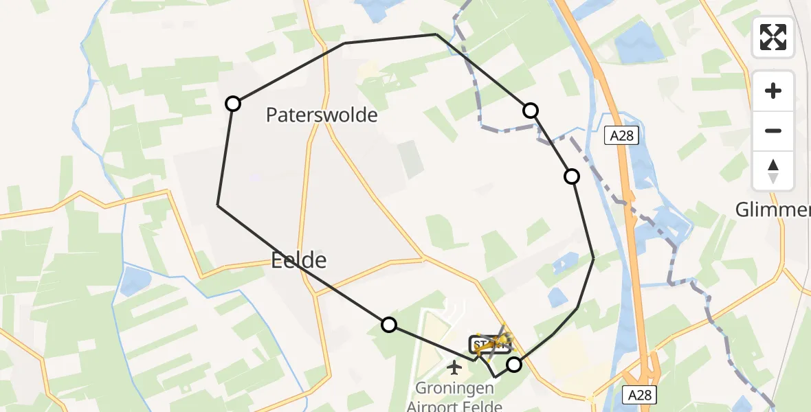 Vluchtroute Traumahelikopter van Groningen Airport Eelde naar Groningen Airport Eelde