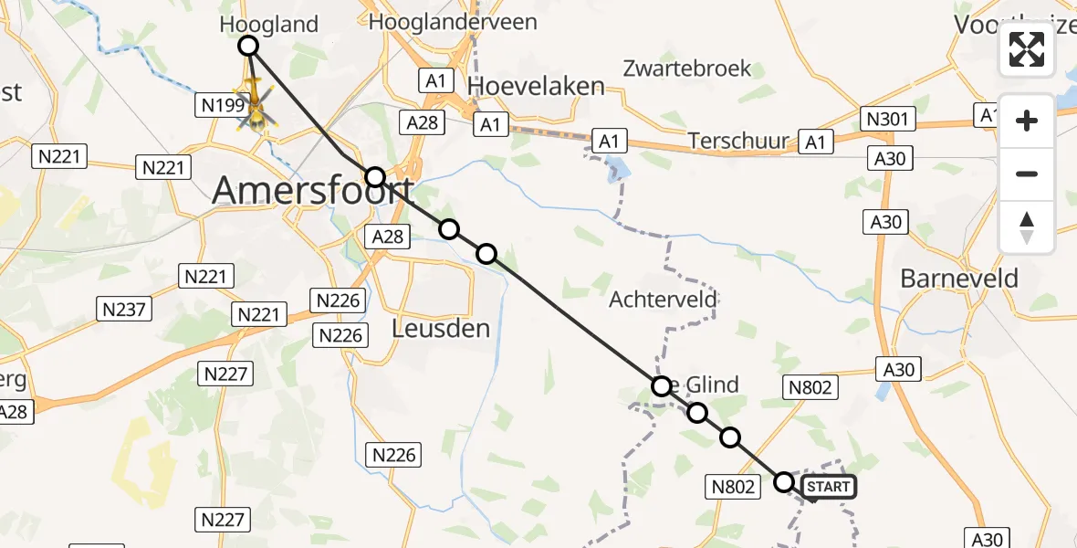 Vluchtroute Traumahelikopter van Renswoude naar Hoogland