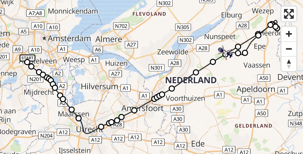 Vluchtroute Politiehelikopter van Amsterdam Vliegveld Schiphol naar Vierhouten