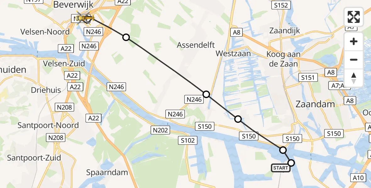Vluchtroute Traumahelikopter van Amsterdam Heliport naar Beverwijk