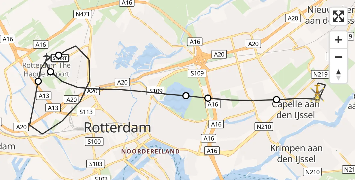 Vluchtroute Traumahelikopter van Rotterdam The Hague Airport naar Capelle aan den IJssel