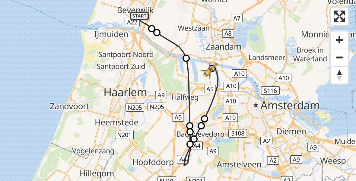 Vluchtroute Traumahelikopter van Beverwijk naar Amsterdam Heliport