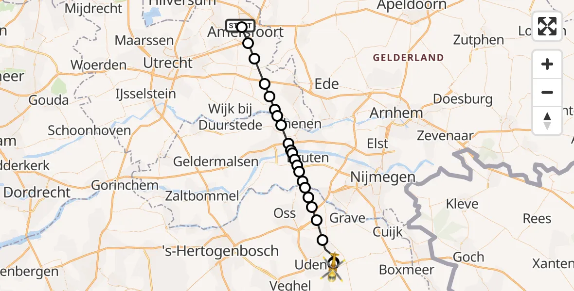 Vluchtroute Traumahelikopter van Hoogland naar Vliegbasis Volkel