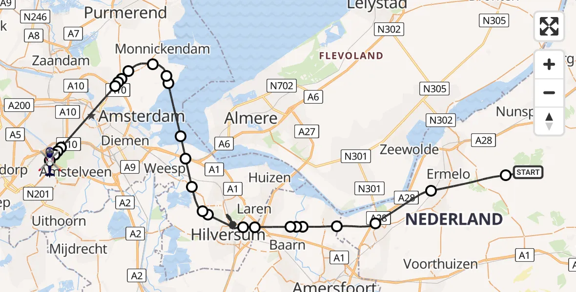 Vluchtroute Politiehelikopter van Elspeet naar Amsterdam Vliegveld Schiphol