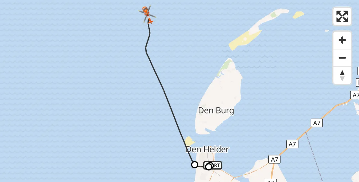 Vluchtroute Kustwachthelikopter van Militair vliegveld De Kooy / Den Helder Airport naar Noordzee