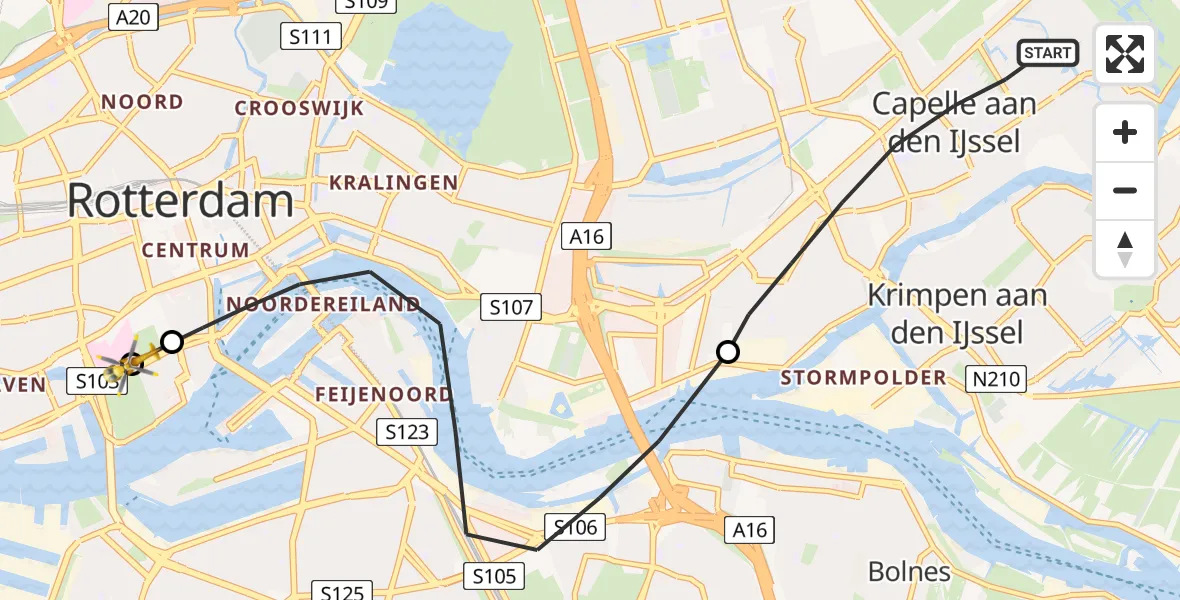 Vluchtroute Traumahelikopter van Capelle aan den IJssel naar Leids Universitair Medisch Centrum (LUMC)