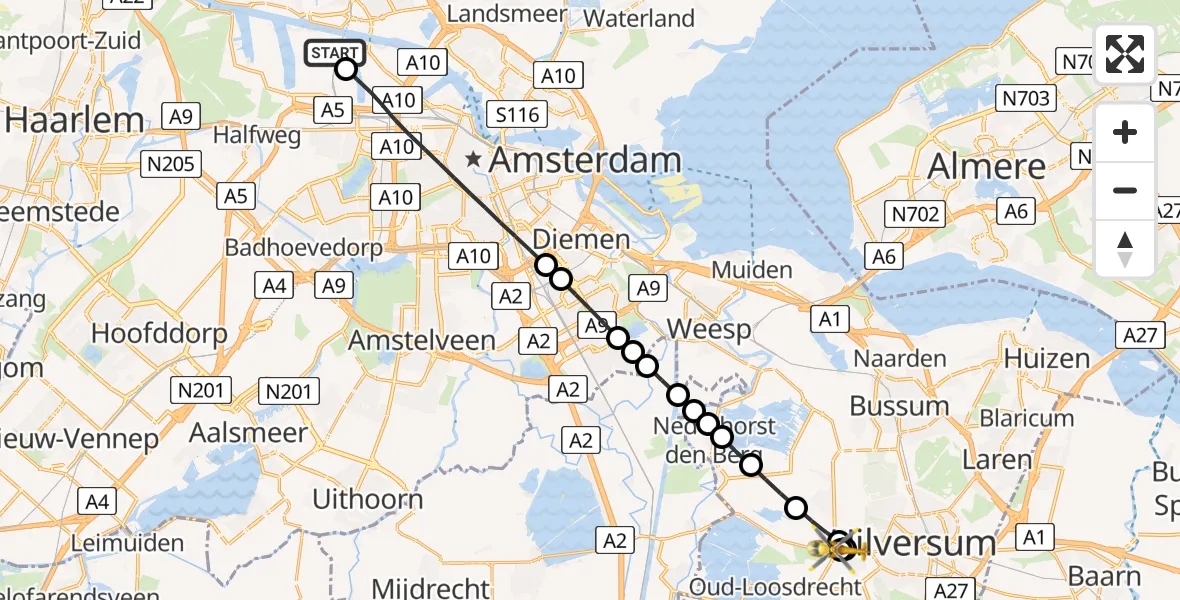 Vluchtroute Traumahelikopter van Amsterdam Heliport naar 's-Graveland