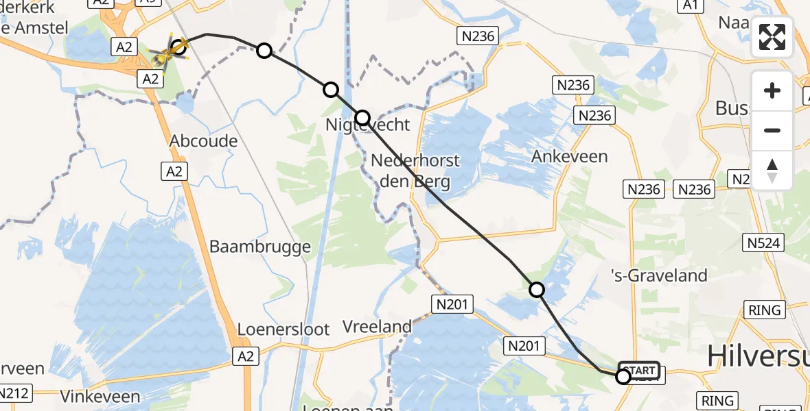 Vluchtroute Traumahelikopter van 's-Graveland naar Amsterdam UMC Helipad