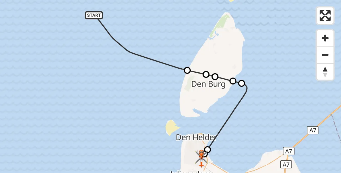 Vluchtroute Kustwachthelikopter van Noordzee naar Militair vliegveld De Kooy / Den Helder Airport