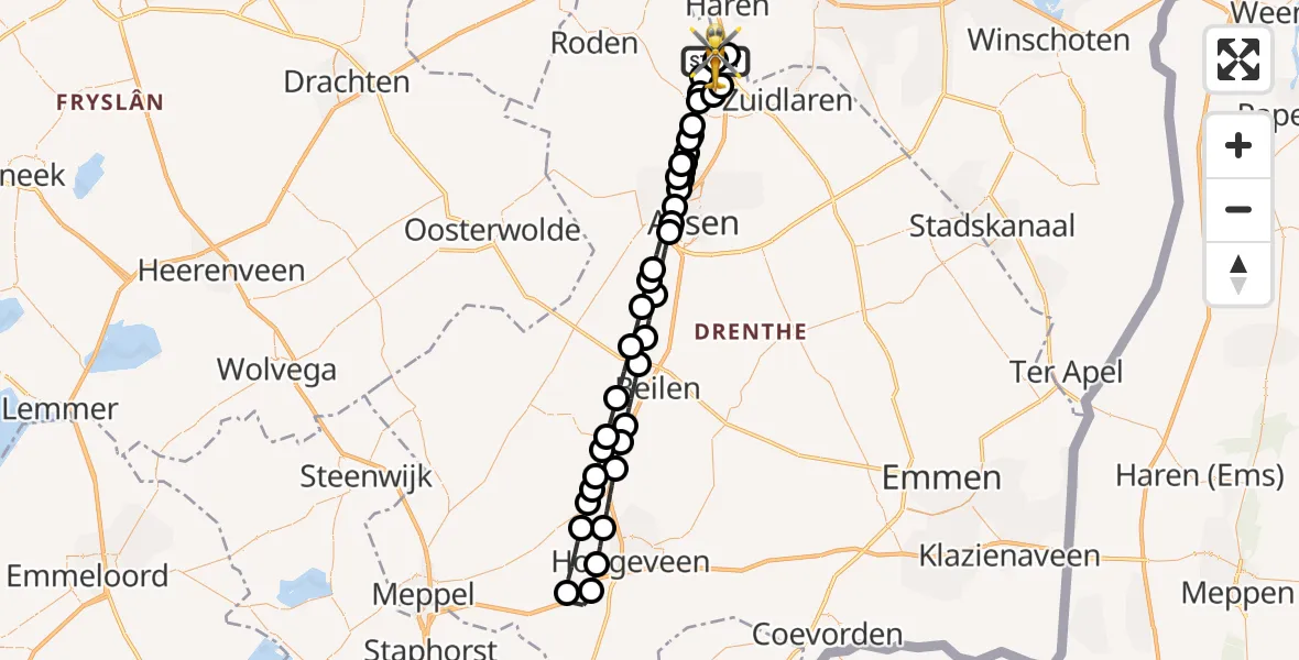 Vluchtroute Traumahelikopter van Groningen Airport Eelde naar Groningen Airport Eelde