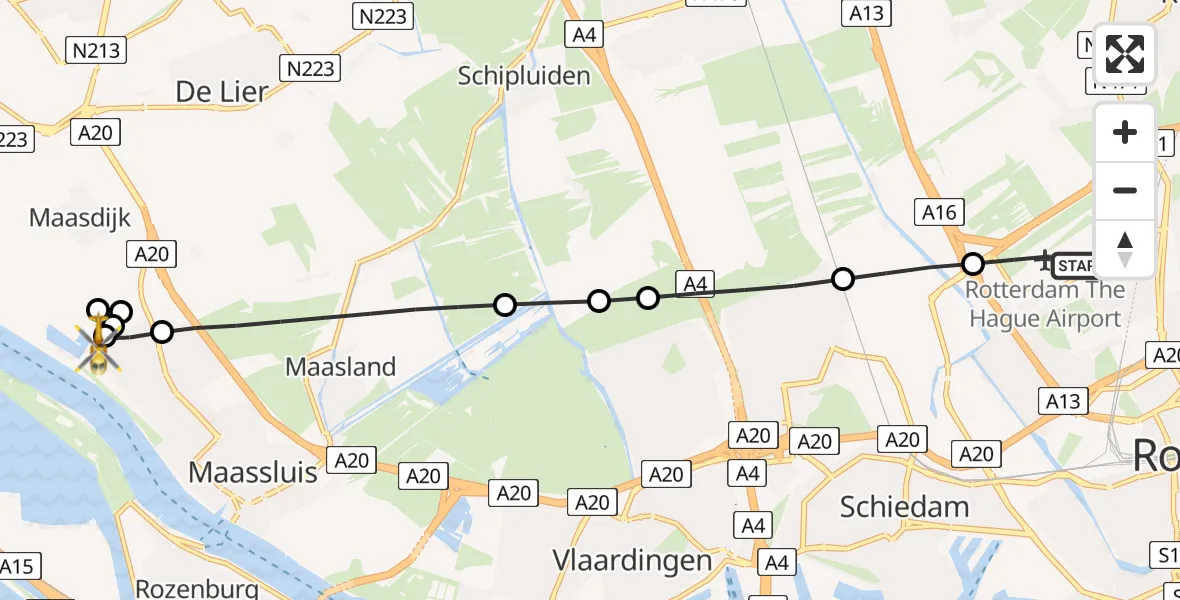 Vluchtroute Traumahelikopter van Rotterdam The Hague Airport naar Maassluis