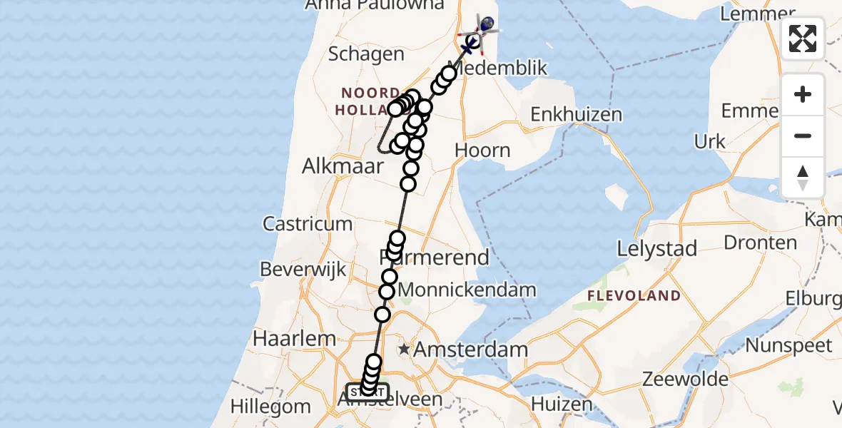 Vluchtroute Politiehelikopter van Amsterdam Vliegveld Schiphol naar Wieringerwerf
