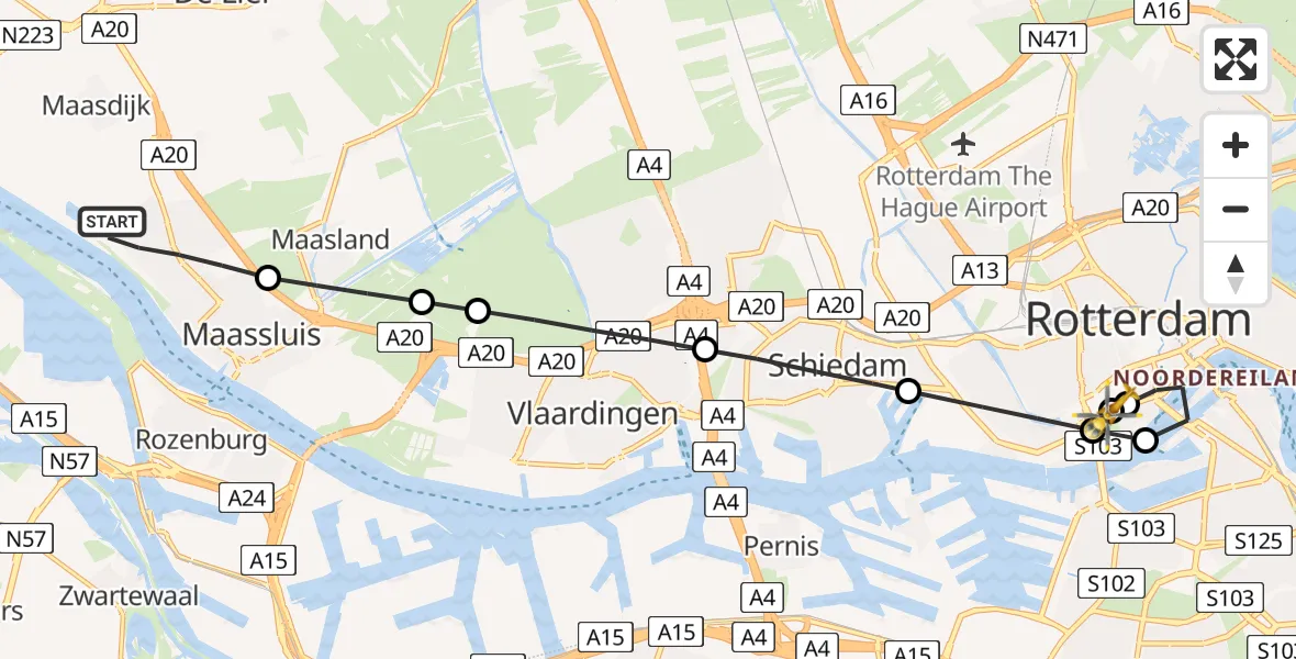 Vluchtroute Traumahelikopter van Maassluis naar Leids Universitair Medisch Centrum (LUMC)