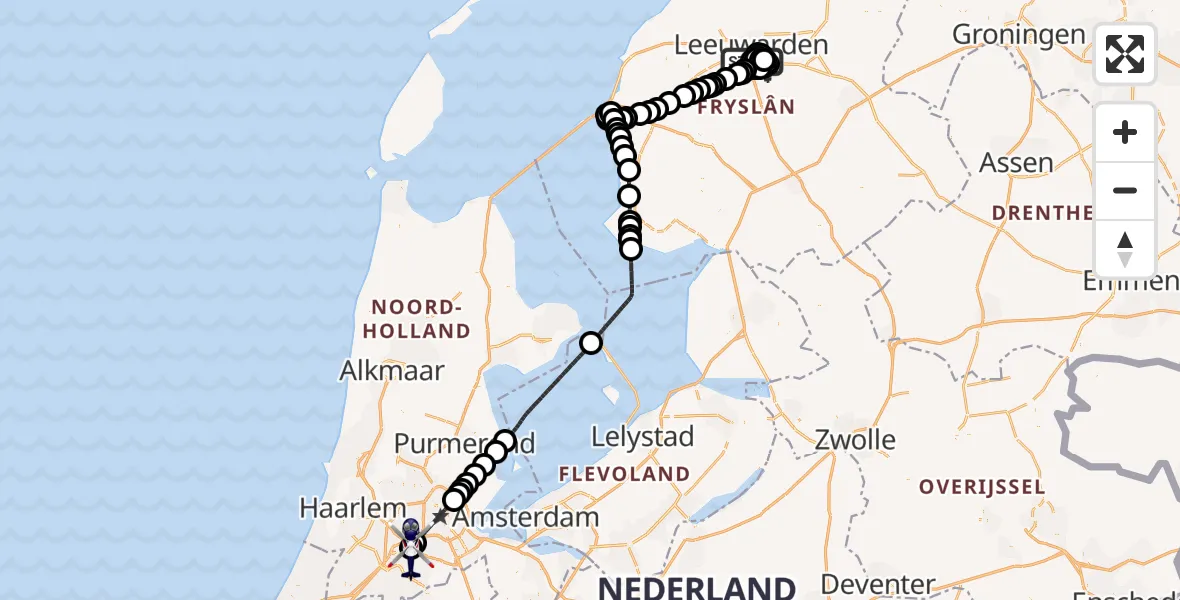 Vluchtroute Politiehelikopter van Leeuwarden naar Amsterdam Vliegveld Schiphol