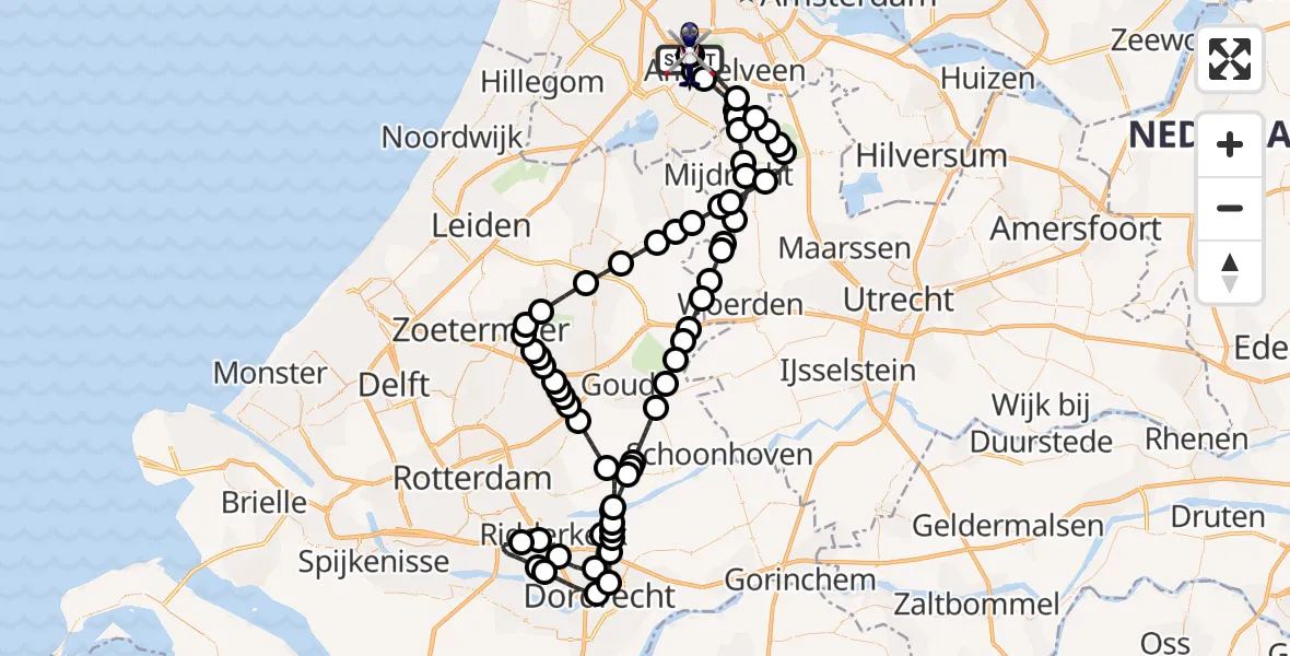 Vluchtroute Politiehelikopter van Amsterdam Vliegveld Schiphol naar Amsterdam Vliegveld Schiphol