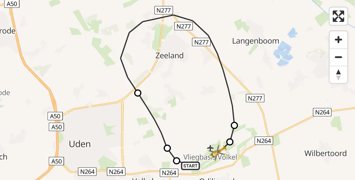 Vluchtroute Traumahelikopter van Vliegbasis Volkel naar Vliegbasis Volkel