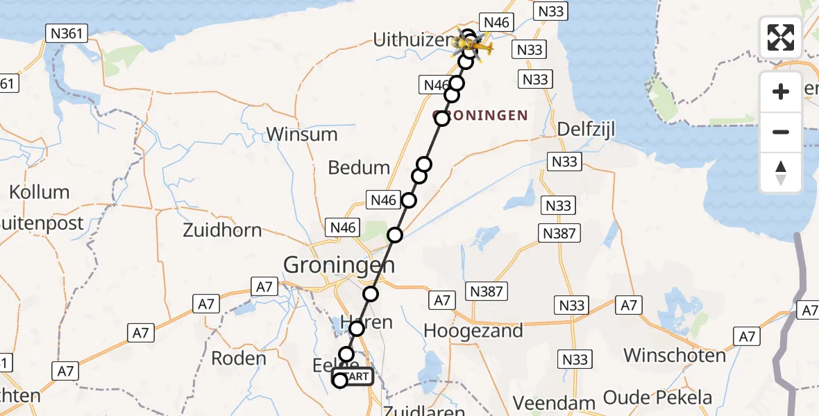 Vluchtroute Traumahelikopter van Groningen Airport Eelde naar Oosternieland